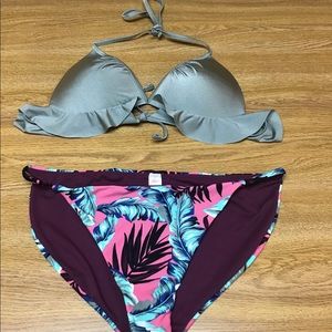 No Boundries bikini floral bottom XL  ruffle top L pink sage green sexy …
